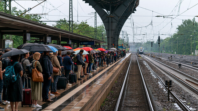 A crowd of commuters holding umbrellas waiting for a train on a rainy platform at a railway station.