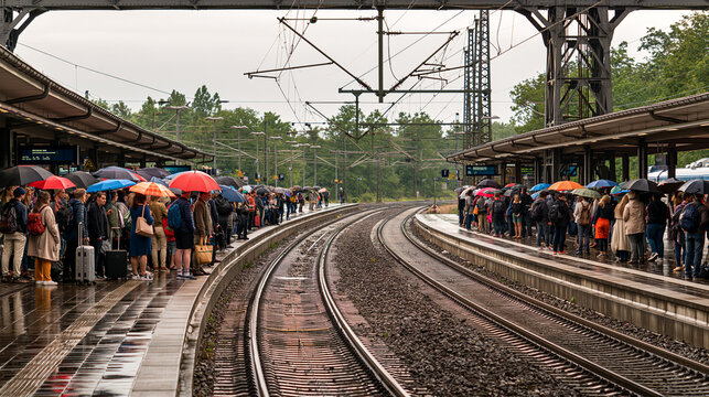 A crowd of commuters holding umbrellas waiting for a train on a rainy platform at a railway station.