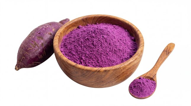 Vibrant purple sweet potato powder inside rustic wooden bowl alongside fresh raw tuber and matching spoon on white background