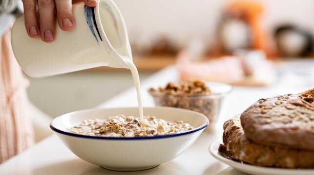 Pouring milk into a bowl of cereal with a cake on a table in a kitchen during breakfast time