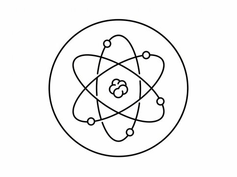 Stylized outlined graphic illustration of a fundamental atomic structure symbol, electrons orbiting a central nucleus, contained within a circular frame, ideal digital icon for commercial projects.