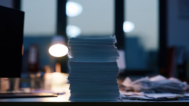 Papers stacked on a desk in an office during evening hours near large windows with soft lights in the background