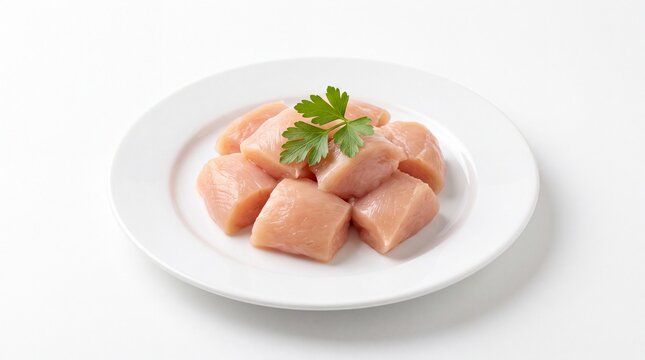 Fresh raw chicken breast cubes neatly arranged on a white round ceramic plate garnished with vibrant green parsley on white background