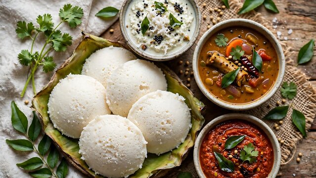 Traditional south indian idli with a selection of flavorful chutneys
