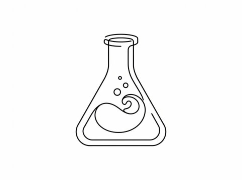 Elegant vector line art of a laboratory erlenmeyer flask showing a stylized dynamic wave and bubbles, perfect for scientific education and commercial graphic design purposes.