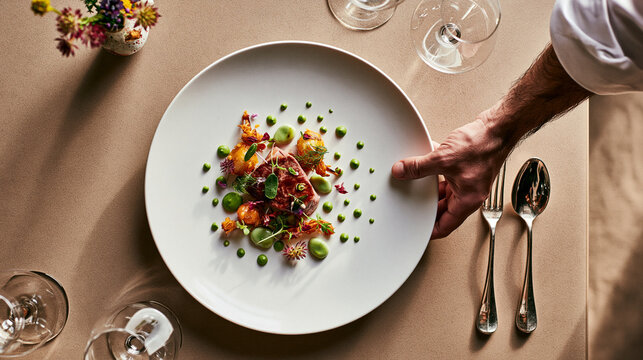 A waiter serving a plate of gourmet fine dining food at a restaurant.