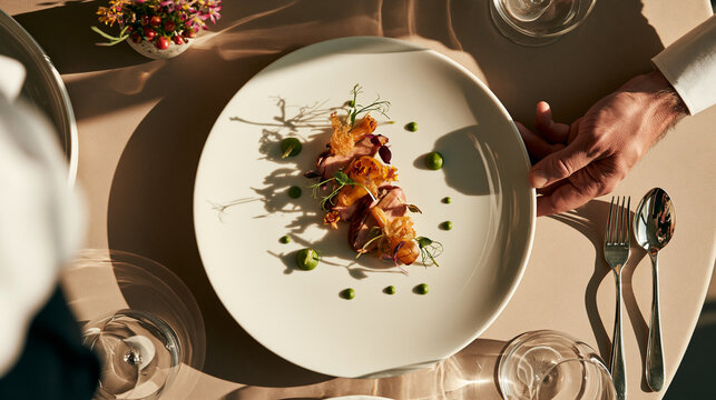 A waiter serving a plate of gourmet fine dining food at a restaurant.