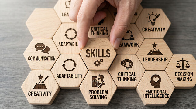 Professional development and soft business skills concept with human hand arranging wooden hexagonal blocks on desk