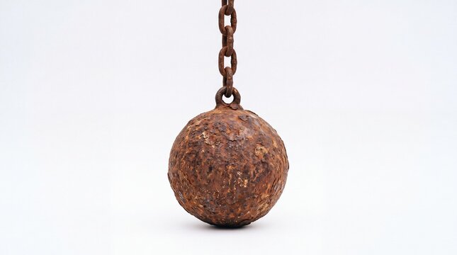 Heavy rusted iron wrecking ball hanging from a linked metal chain against a clean and bright smooth plain on white background