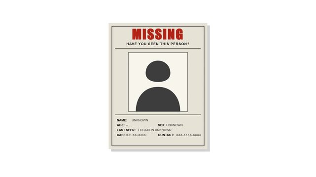 Minimalist vector illustration of a missing person bulletin board poster featuring an anonymous silhouette profile icon and standard information fields