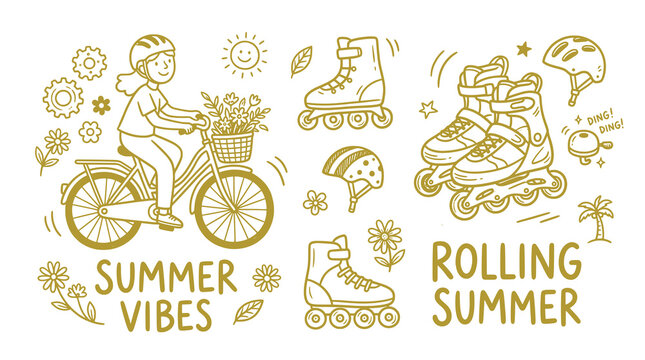 Hand Drawn Bicycle and Rollerblade Vector Doodle Illustration Set