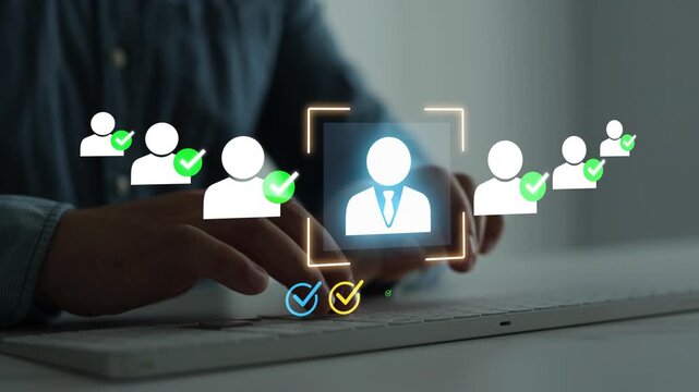 Human resources technology concept for recruitment, hiring and employment management. Digital candidate evaluation, resume verification and certification approval.