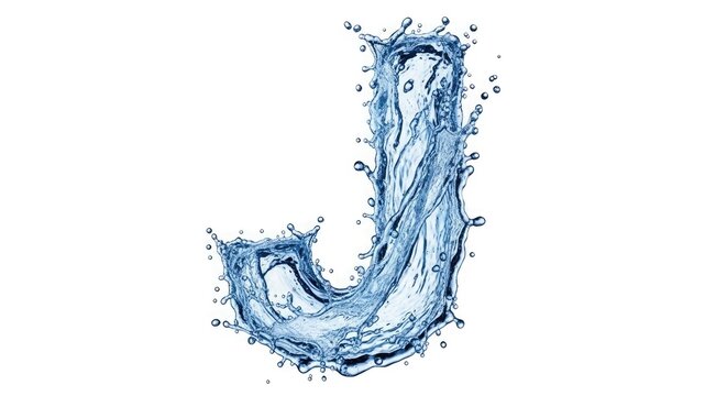 The letter j creatively shaped from dynamic splashing water droplets against a