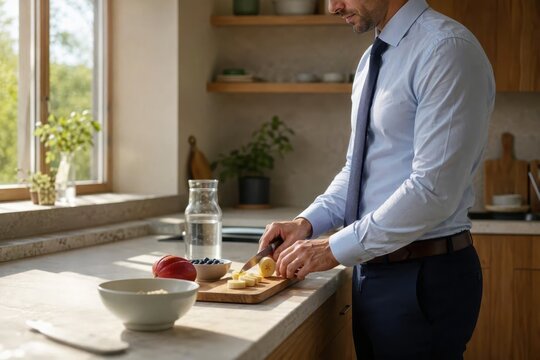 Man prepares food in a kitchen during the morning while standing at a countertop with fresh ingredients and kitchen items around