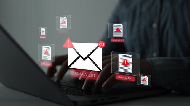 Suspicious email scam concept highlighting phishing threats, hacked accounts, credential theft risks and cybersecurity protection for digital communication.	
