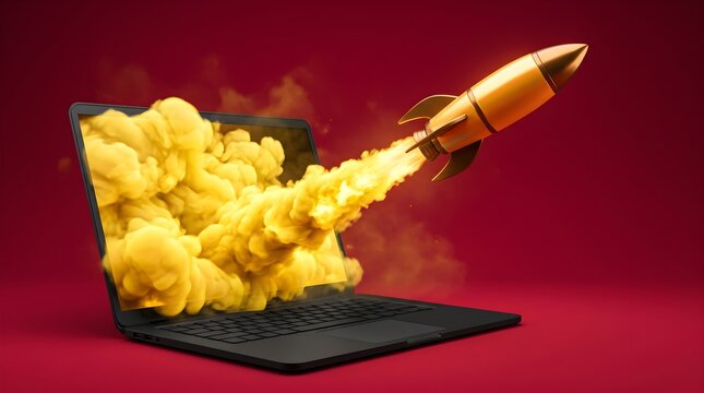 Laptop displaying rocket launching with smoke on red background.