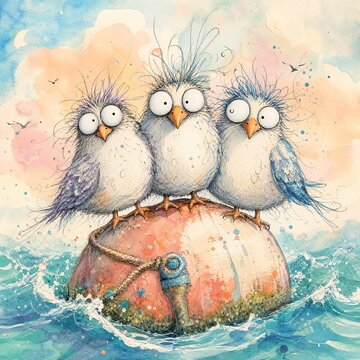 Puffed-Up Gulls Huddled On A Bobbing Buoy At Sea