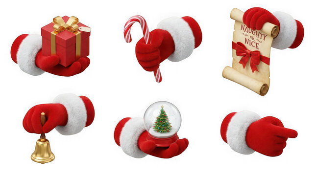 Set of 3d santa claus hands holding christmas items isolated on transparent background
