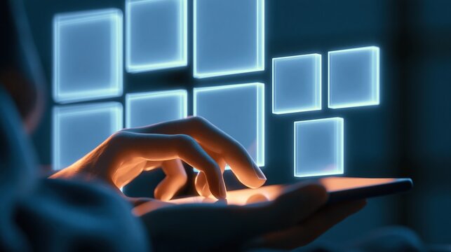 Close-up of a hand interacting with a futuristic glowing digital interface on a tablet