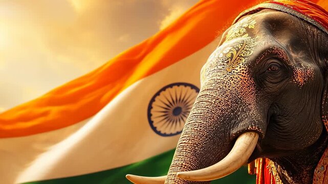 Decorated Indian elephant before national flag. India heritage concept for cultural and travel media