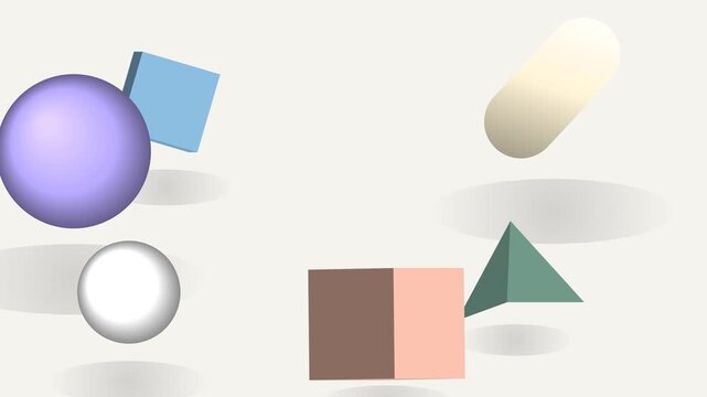 Minimalist composition featuring floating 3D geometric shapes including spheres and cubes in a soft abstract space