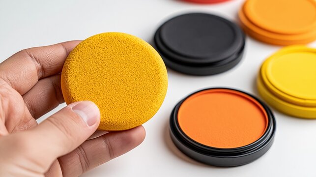 Hand Holding Yellow Round Sponge Pad Near Open Ink Pads for Crafting and Art Projects