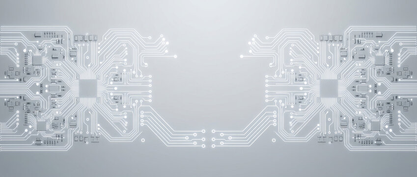 Digital connectivity and future technology concept with abstract glowing circuit board background and copy space