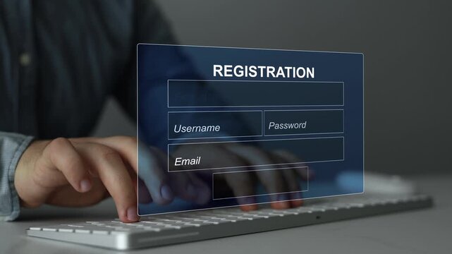 Online registration form on a website with name, surname, email and password fields. Digital concept for creating a new user account and accessing online services.