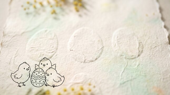 Handmade paper Easter background with decorated eggs and chicks  