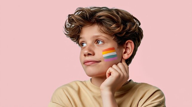 Young person with rainbow pride flag face paint looking thoughtfully to the side against a soft pink background
