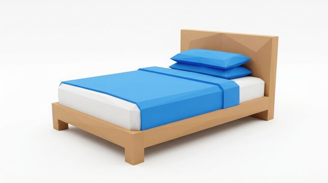 A simple wooden single bed features blue bedding against a plain white