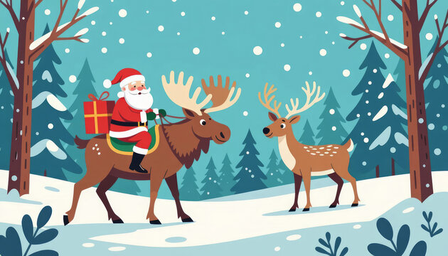 Santa claus riding moose meeting reindeer in snowy forest