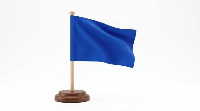 A small vibrant blue flag stands on a wooden base with a