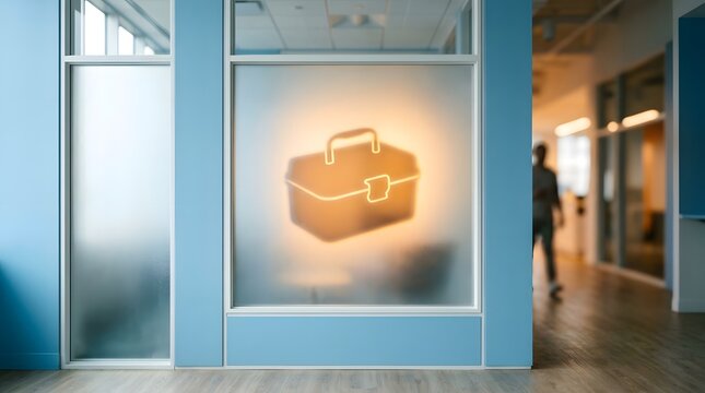 Illuminated toolbox icon on frosted office window