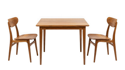 Fototapeta premium Wooden dining table with two matching chairs isolated on transparent background