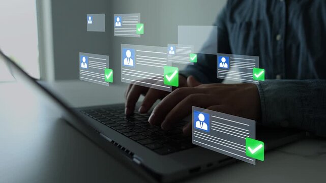 Recruitment and staffing concept showing employment verification, resume review and certificate approval. Modern HR management and talent acquisition workflow.