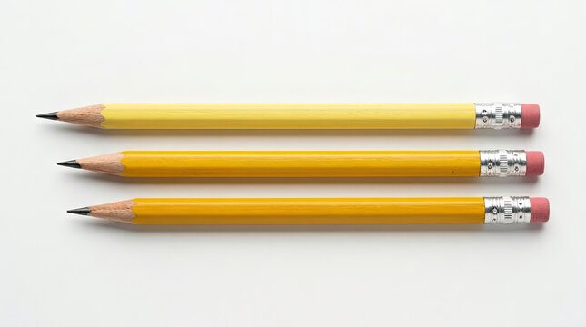Three bright yellow pencils are neatly aligned in a row on a