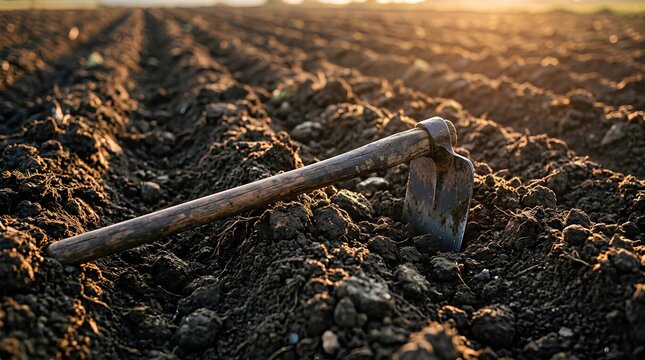 Close-up of freshly turned dark fertile soil in an agricultural field at golden hour, with rich earth clumps and a worn metal hoe resting in the furrows, warm sunset light
