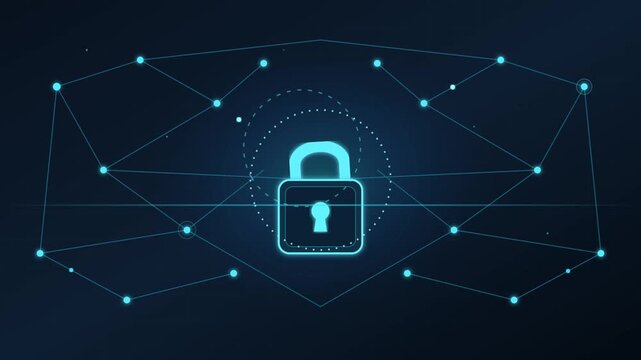 Glowing digital security padlock icon animates within a complex connected network of nodes video clip