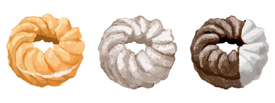 手描き厚塗りのフレンチクルーラーイラストセット(ホイップクリーム入り・ダブルチョコ＆ホワイトチョコがけ・チョコ生地粉糖がけ)