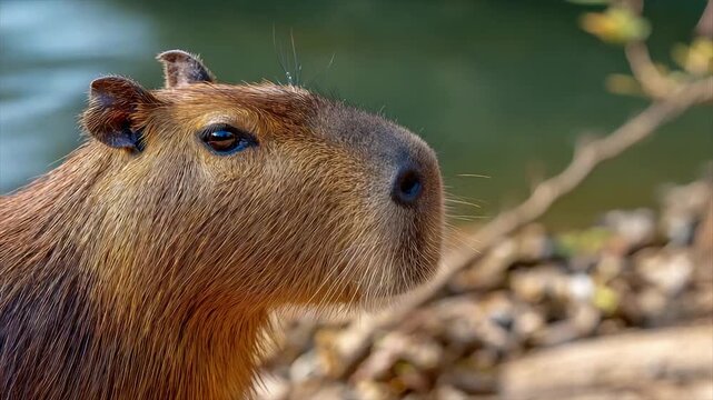 Close-up of a capybara's face, showcasing wet fur and a keen eye