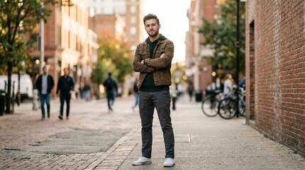 Fototapeta premium Confident young man in casual clothing standing with arms crossed on an urban brick street, looking directly at the camera during golden hour, with pedestrians and bicycles blurred in the city