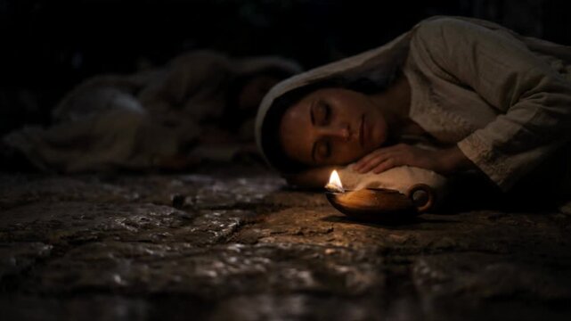 Biblical virgin from the ten virgins parable sleeping as her oil lamp extinguishes with copy space on the left