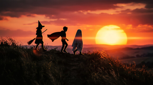 Silhouettes of three children dressed as a witch a hero with a cape and a ghost walking on a grassy hill against a dramatic orange sunset sky for Halloween
