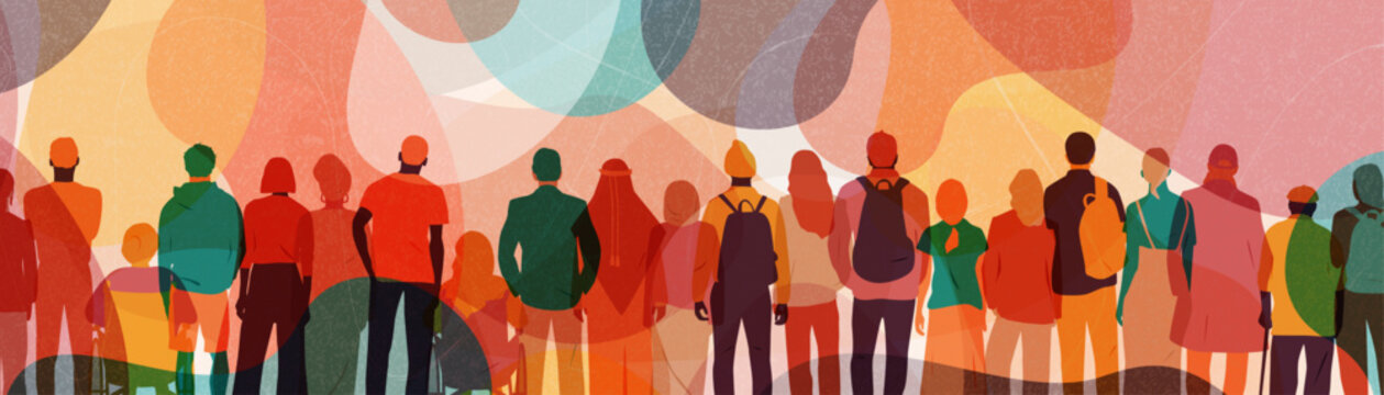 Different people stand side by side together. Modern colorful banner. Flat vector illustration.	