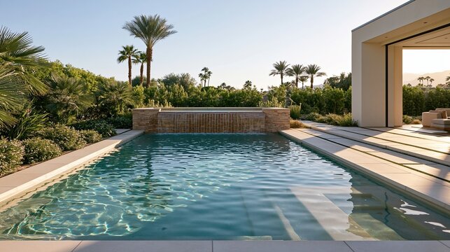 Luxury modern desert oasis with infinity pool, waterfall, and palm trees at sunset