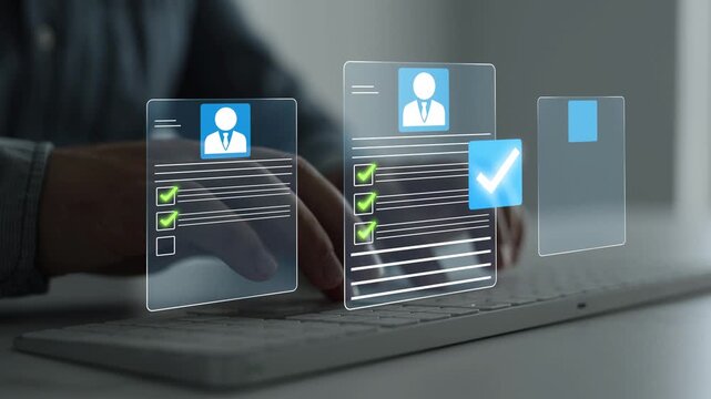 Online candidate screening system with CV documents, certification checks and employee qualification assessment. Corporate hiring and recruitment process.