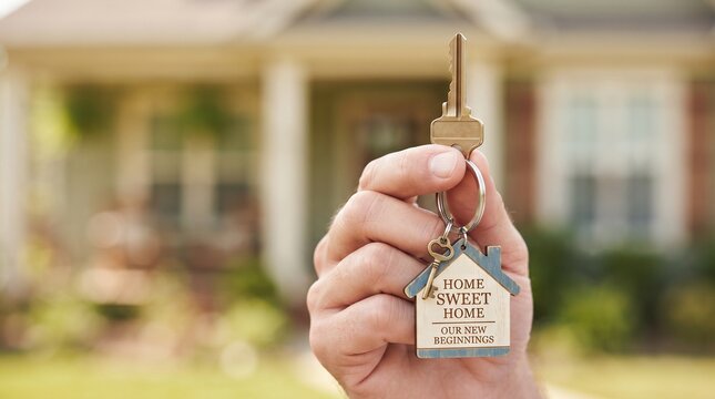 Hand Holding Keys with Wooden Home Sweet Home Keychain in Front of New House