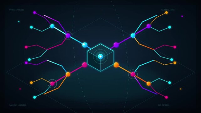 Digital neural network cube displays connected data nodes in this animated technology motion graphics video clip