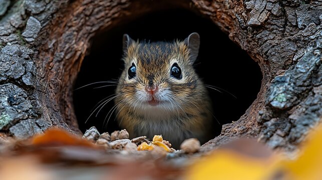 Chipmunk emerging from tree trunk hole